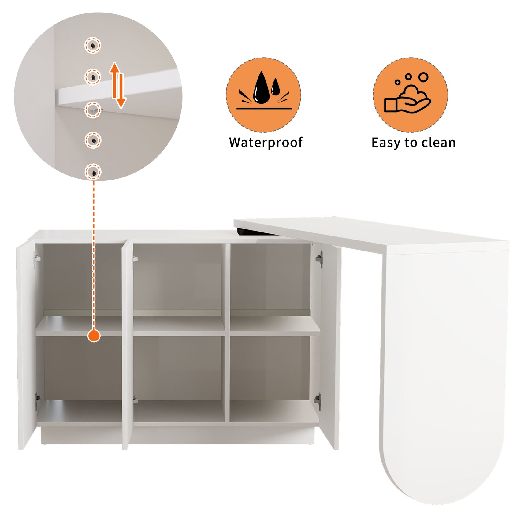 Bureau d'angle pivotant en L blanc de 110 cm, avec 3 placards de rangement, portes à fermeture douce et étagères réglables, idéal pour un bureau ou un studio de beauté