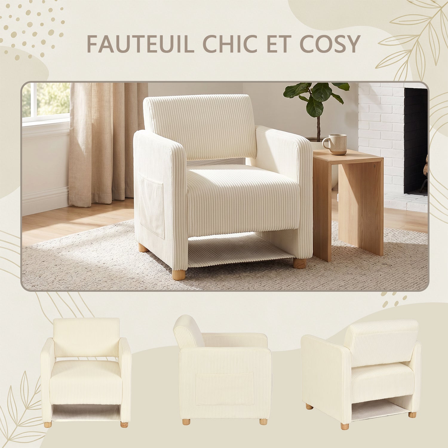 Lot de 2 fauteuil de détente 1 place canapé pour salon, fauteuil avec emballage en velours côtelé vert&beige - KARIA