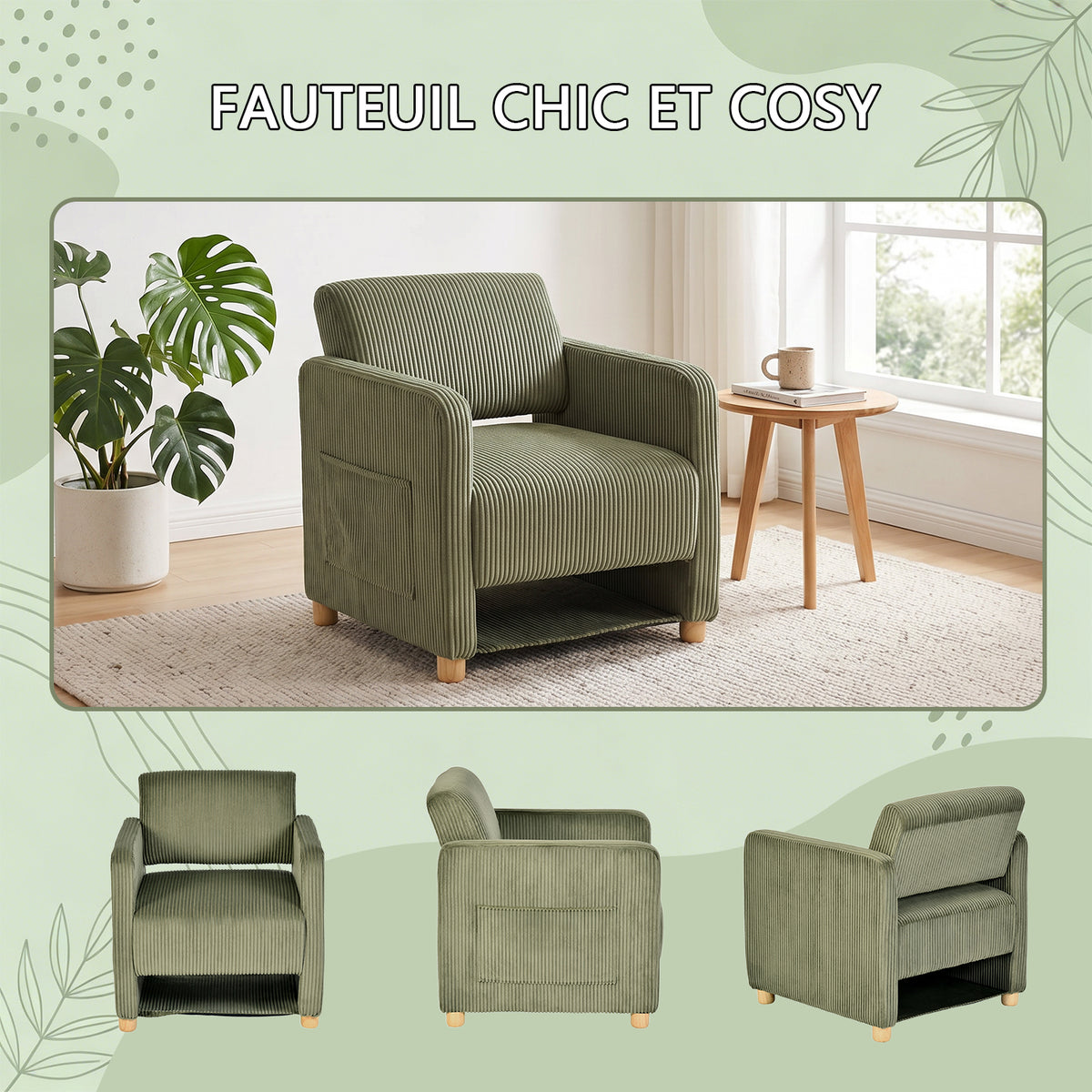 Fauteuil de détente 1 place canapé pour salon, fauteuil avec emballage en velours côtelé vert - KARIA
