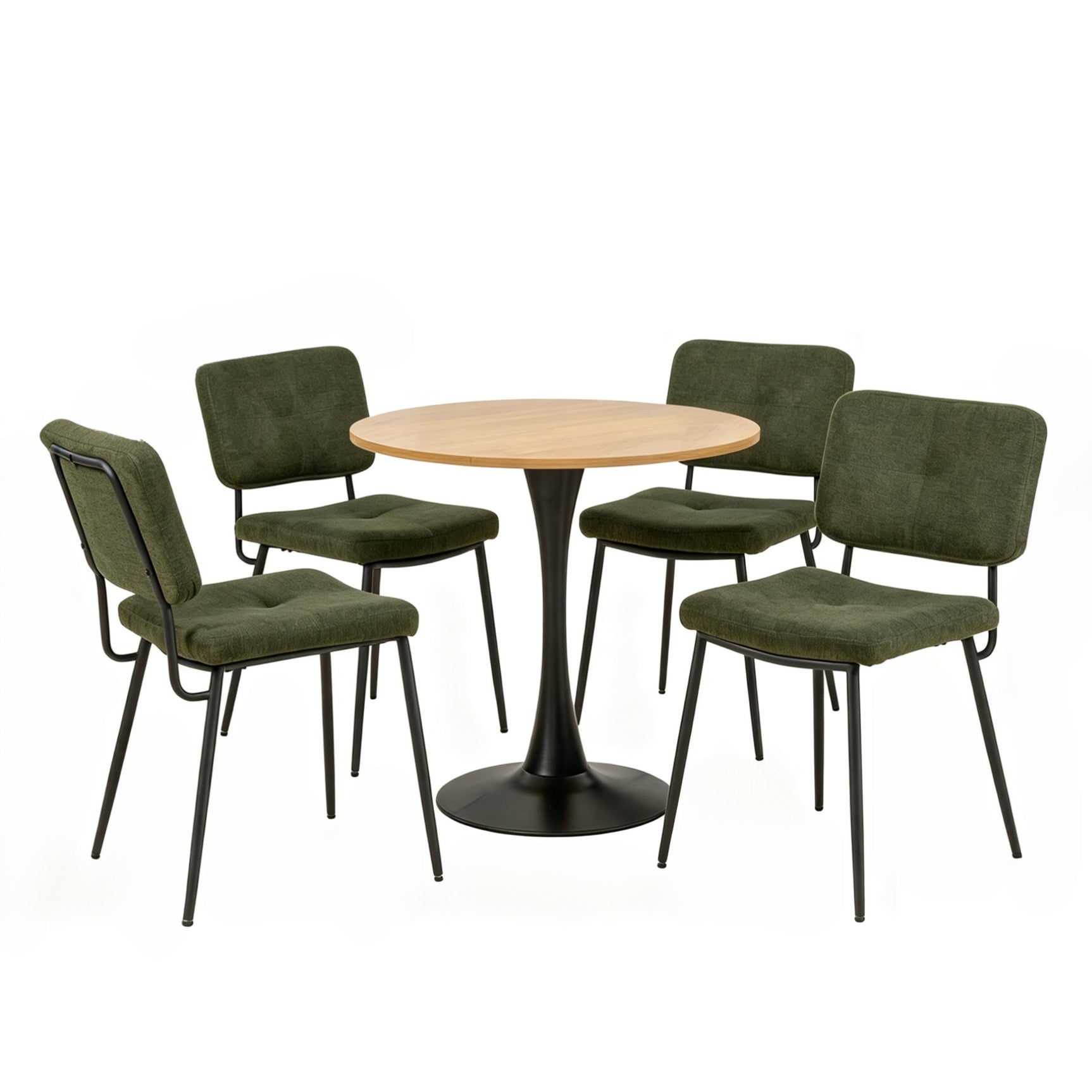 Ensemble de salle à manger de style scandinave composé d'une table ronde en chêne et de 4 chaises en tissu vert