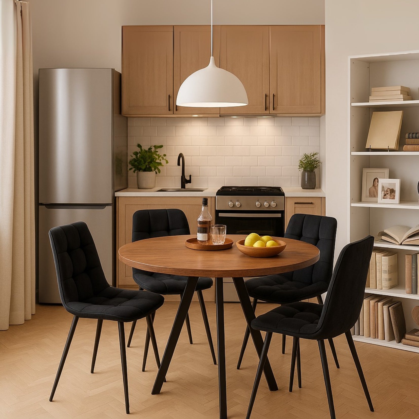 Runder Tisch in Walnussoptik Ø80 cm mit 4 schwarzen Samtstühlen, moderner und komfortabler Stil