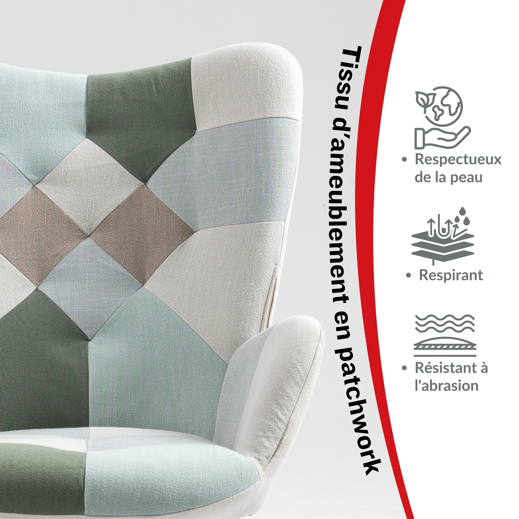 Fauteuil scandinave avec accoudoirs en tissu patchwork aqua à surpiqûres - FUNKEL
