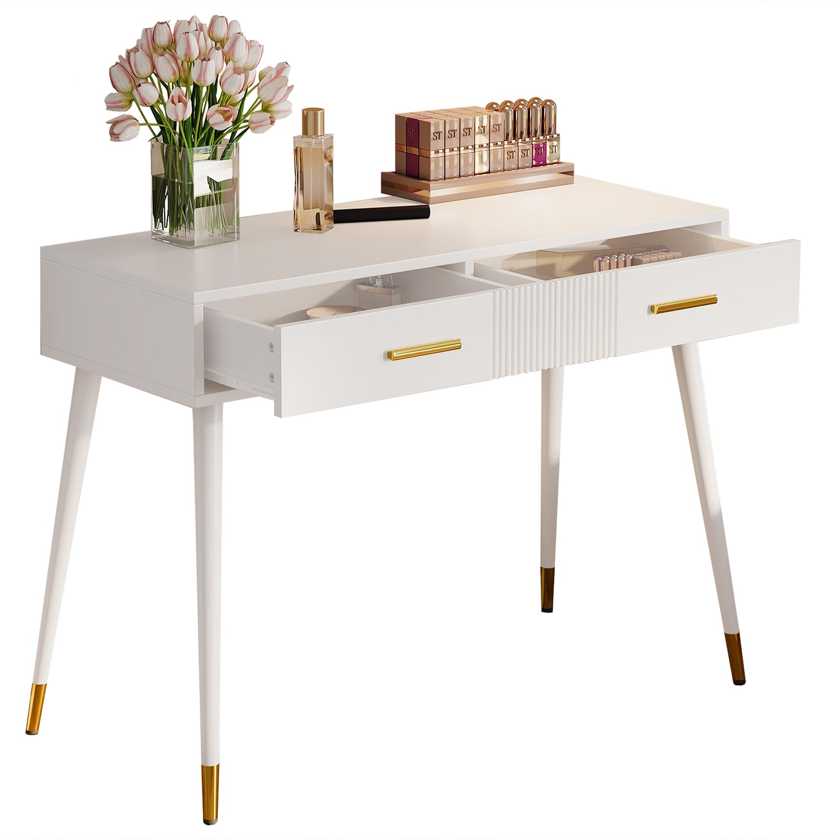 Coiffeuse ou bureau blanc au design moderne avec 2 tiroirs spacieux et pieds en métal doré, 100x40x76 cm.