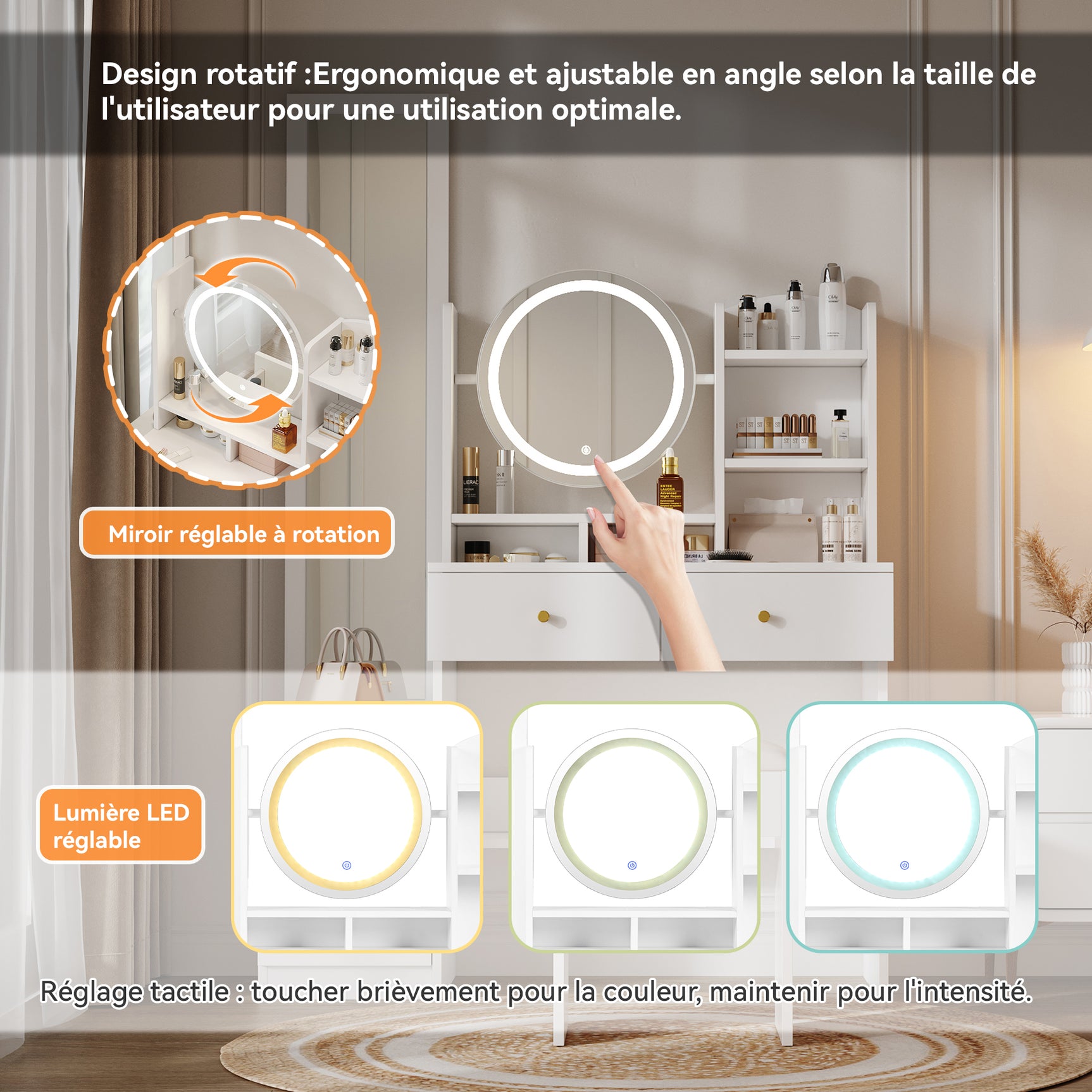 Coiffeuse 4-en-1 blanche avec miroir entier et miroir de table rotatif, tabouret rembourré, rangement intégré et éclairage LED 3 couleurs, 109x36x164 cm