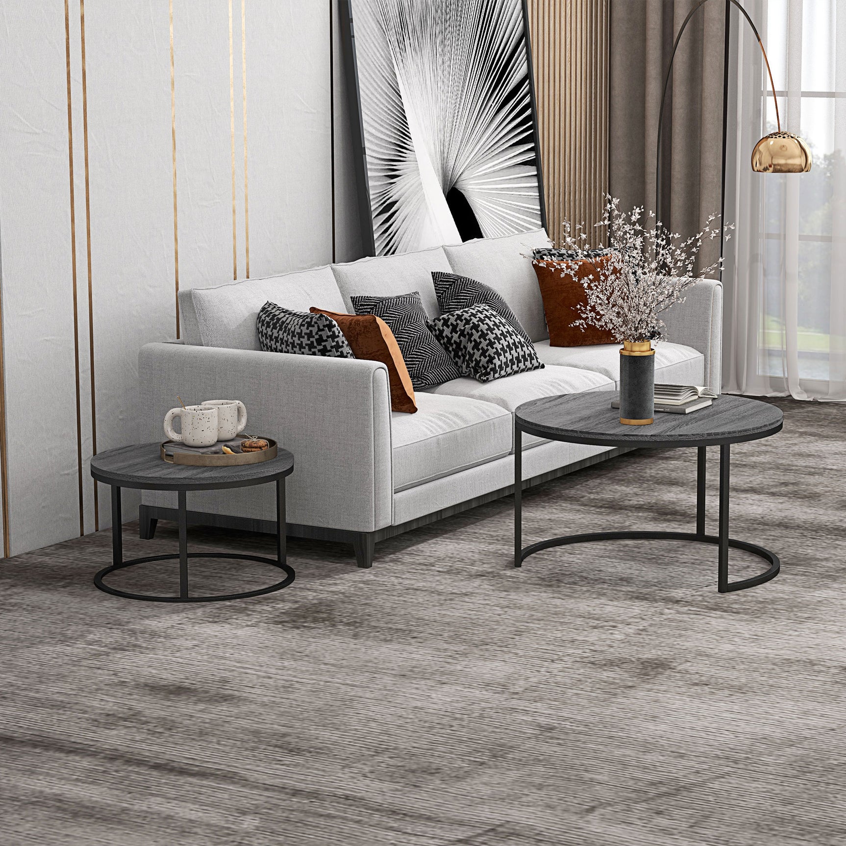 Lot de 2 tables basses rondes empilables avec plateau effet bois et structure en métal noir