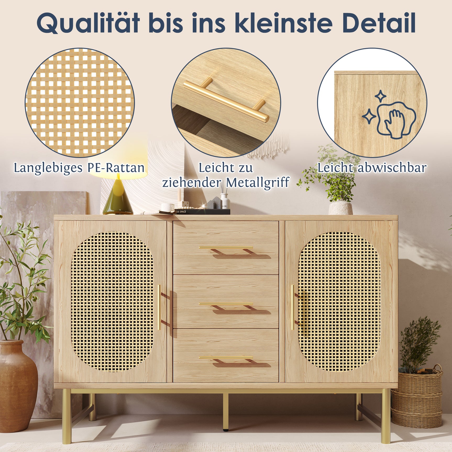 Eichen-Caning-Buffet mit 3 Schubladen, 2 Türen, einstellbaren Regalen und Anti-Breeching-Geräte-120 × 40 × 74 cm