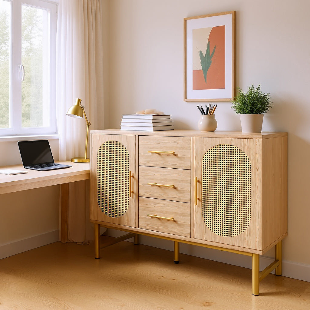 Eichen-Caning-Buffet mit 3 Schubladen, 2 Türen, einstellbaren Regalen und Anti-Breeching-Geräte-120 × 40 × 74 cm