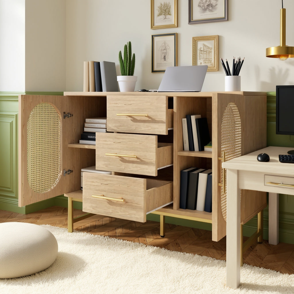 Eichen-Caning-Buffet mit 3 Schubladen, 2 Türen, einstellbaren Regalen und Anti-Breeching-Geräte-120 × 40 × 74 cm