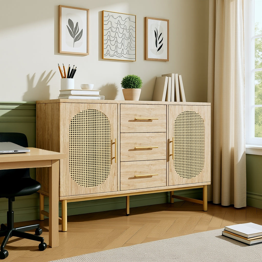 Eichen-Caning-Buffet mit 3 Schubladen, 2 Türen, einstellbaren Regalen und Anti-Breeching-Geräte-120 × 40 × 74 cm