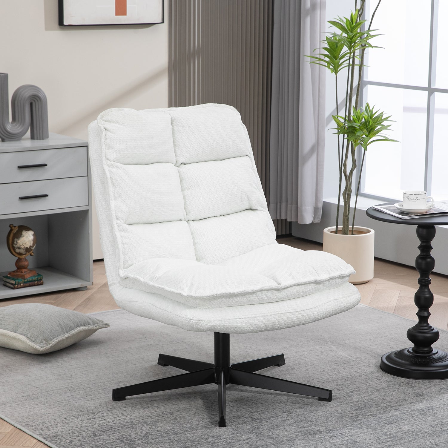 Fauteuil de loisirs pliable sans accoudoirs en tissu blanc pivotant à 360° - AESTON