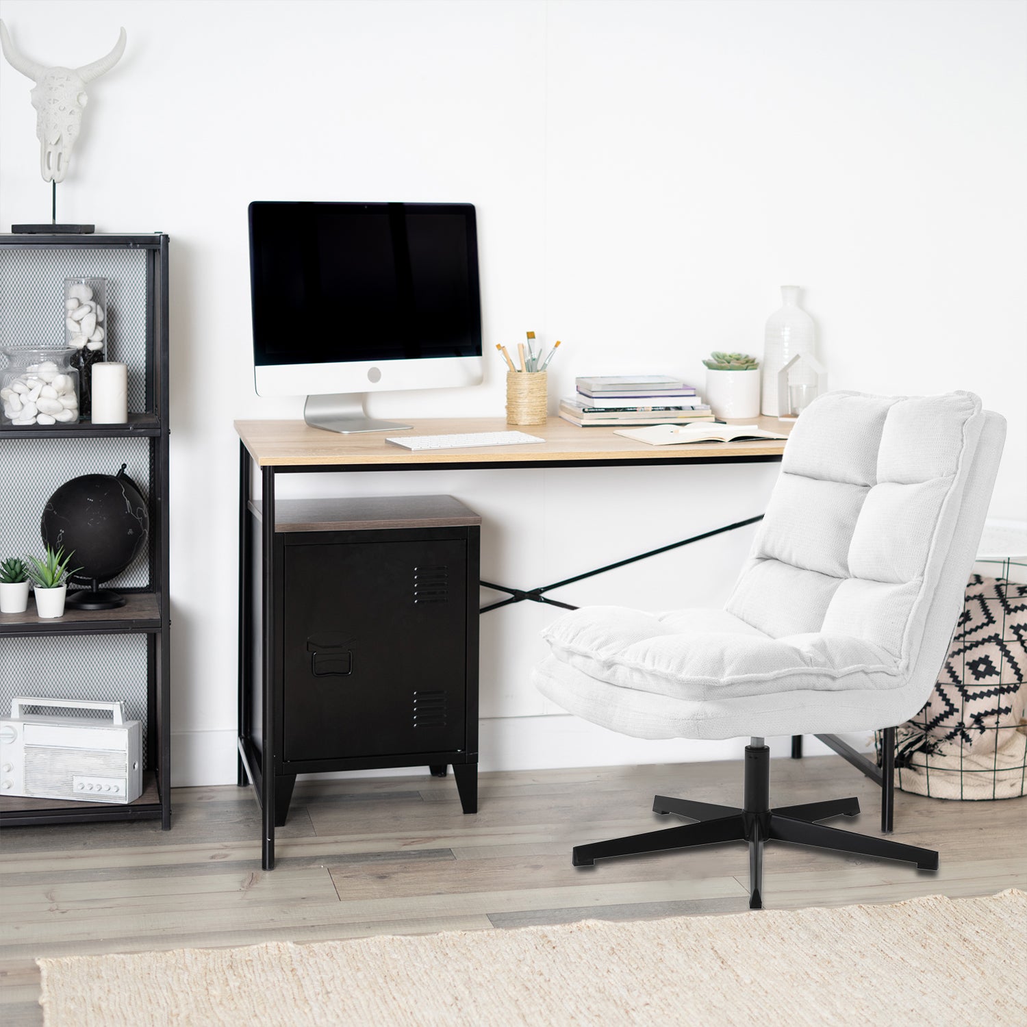 Fauteuil de loisirs pliable sans accoudoirs en tissu blanc pivotant à 360° - AESTON