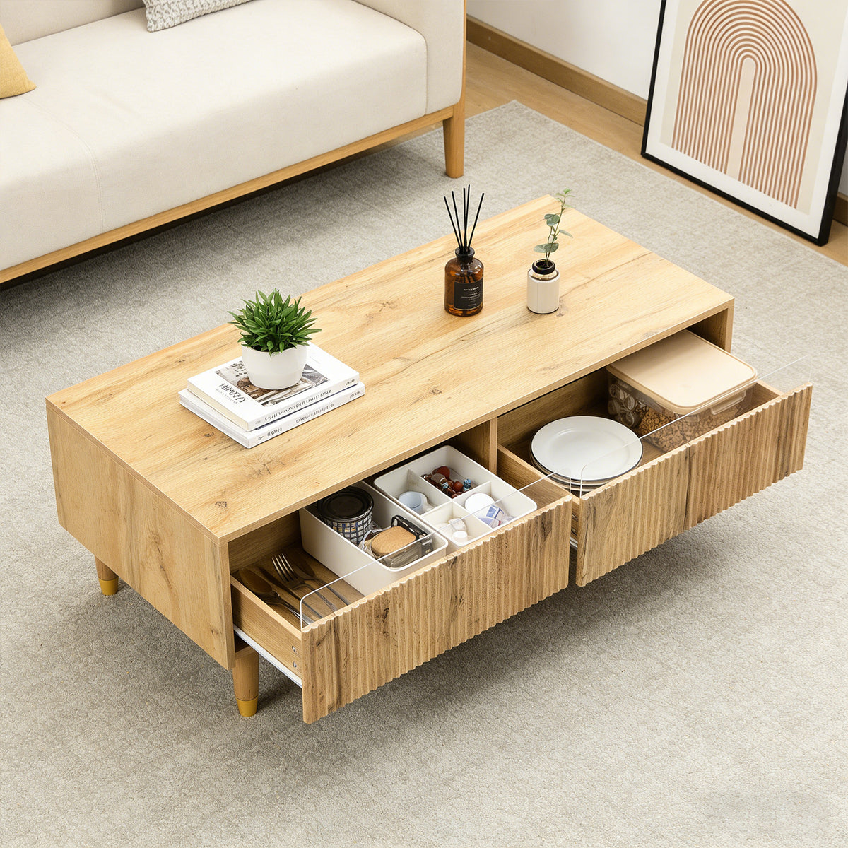 Table basse en MDF couleur chêne clair avec éclairage LED