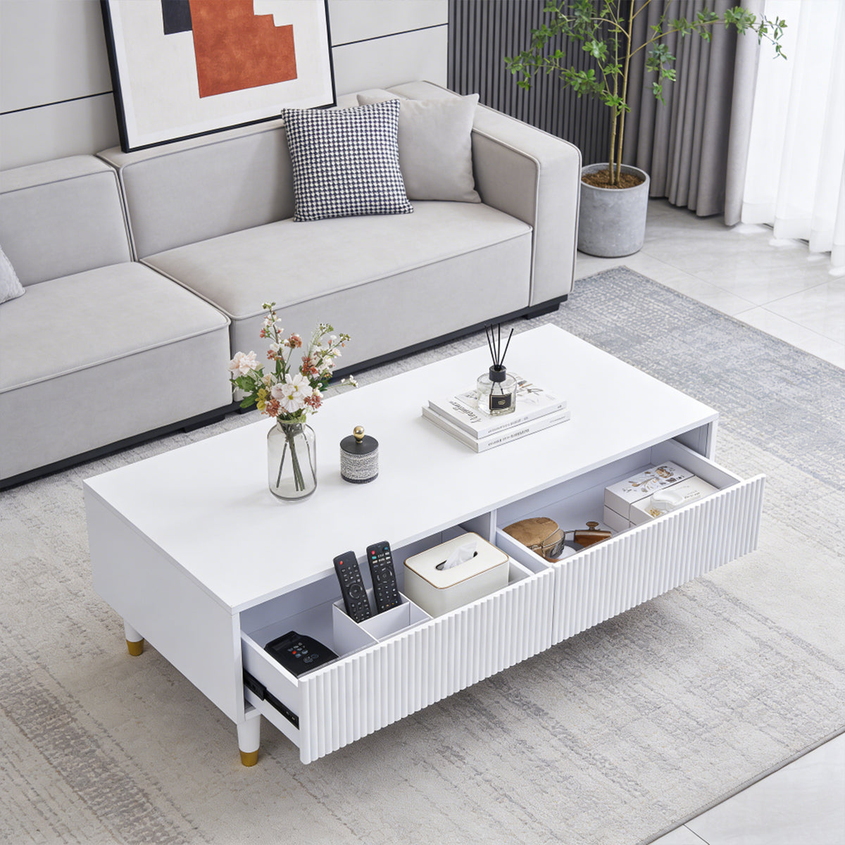 Table basse en MDF blanc avec éclairage LED