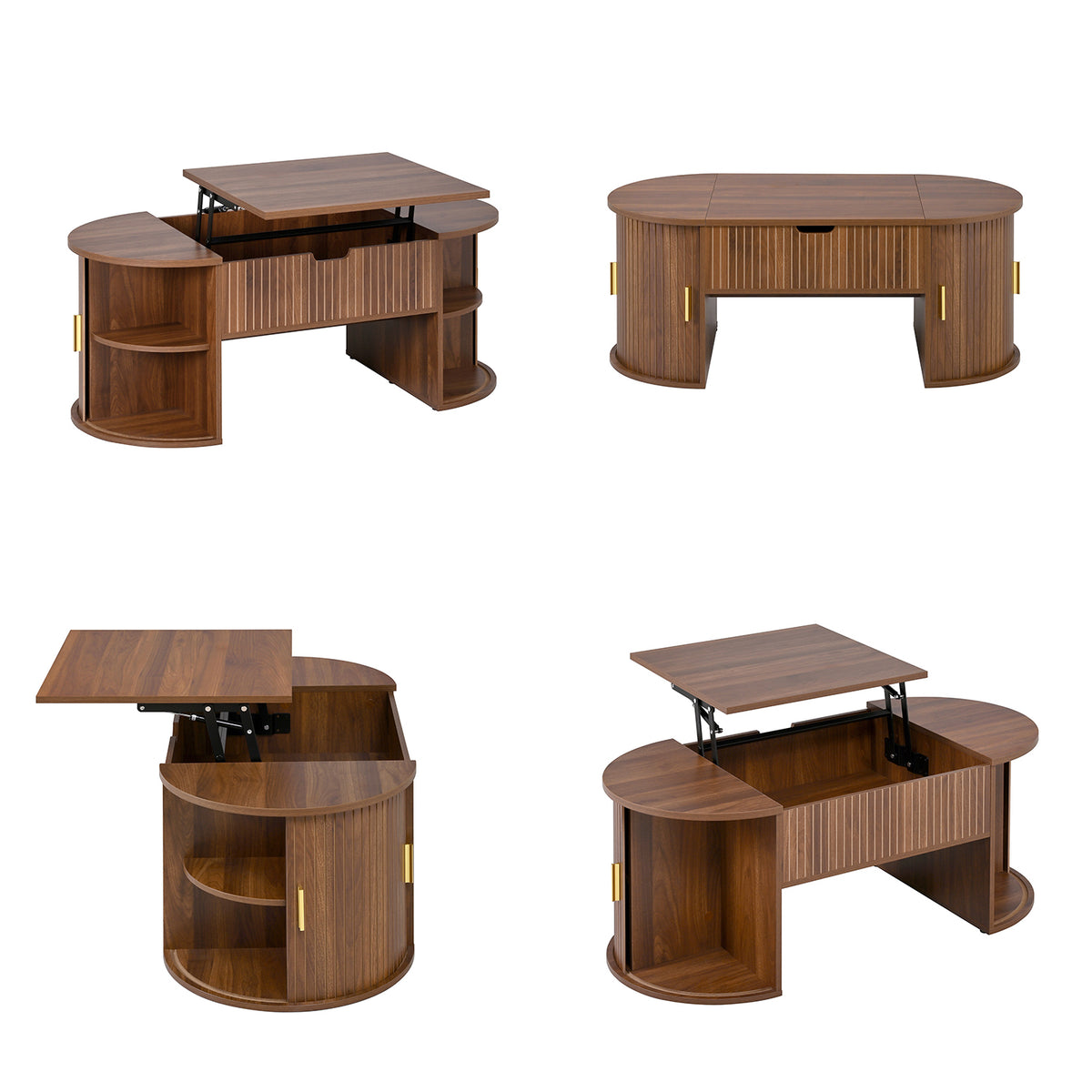 Table basse ovale en panneaux de fibres de MDF couleur noyer, hauteur réglable