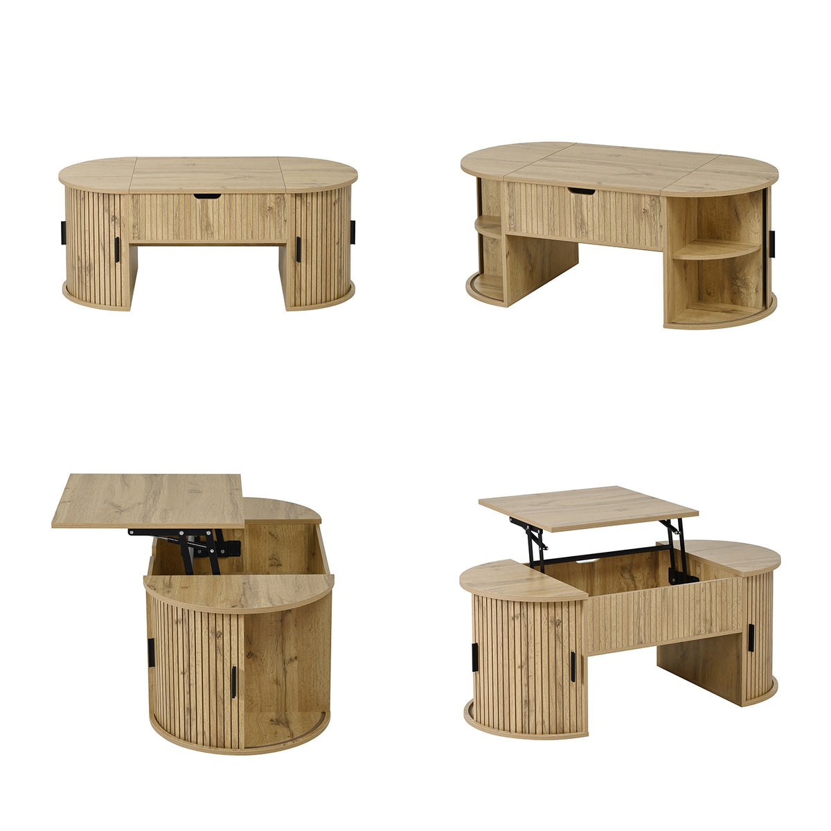 Table basse en MDF de forme ovale, couleur chêne clair, hauteur réglable