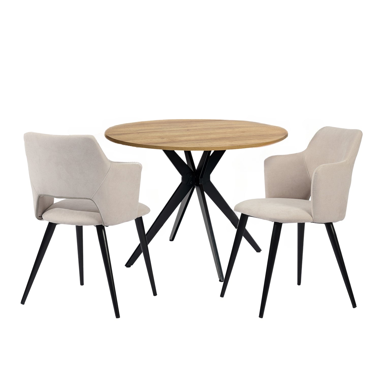 Ensemble table à manger ronde en chêne avec pieds en forme de X et 2 fauteuils en tissu beige de style scandinave pour salle à manger