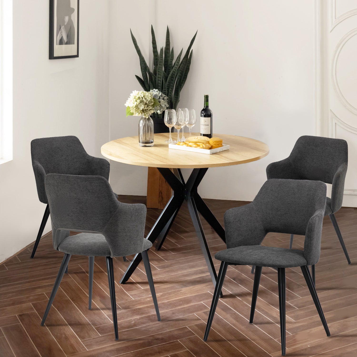 Ensemble table à manger ronde en chêne avec pieds en forme de X et 4 fauteuils en tissu gris de style scandinave pour salle à manger
