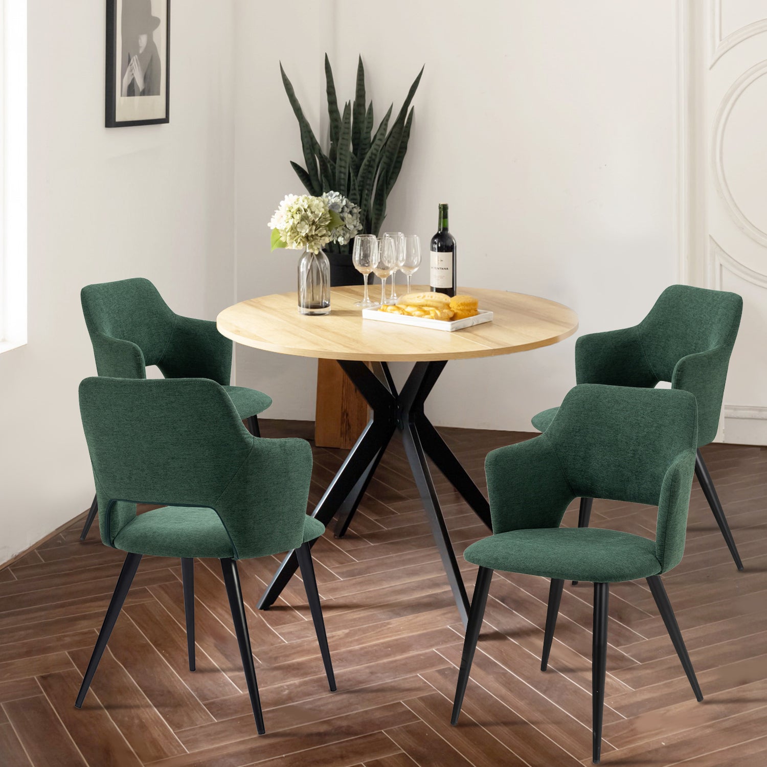 Ensemble table à manger ronde en chêne avec pieds en forme de X et 4 fauteuils en tissu vert de style scandinave pour salle à manger