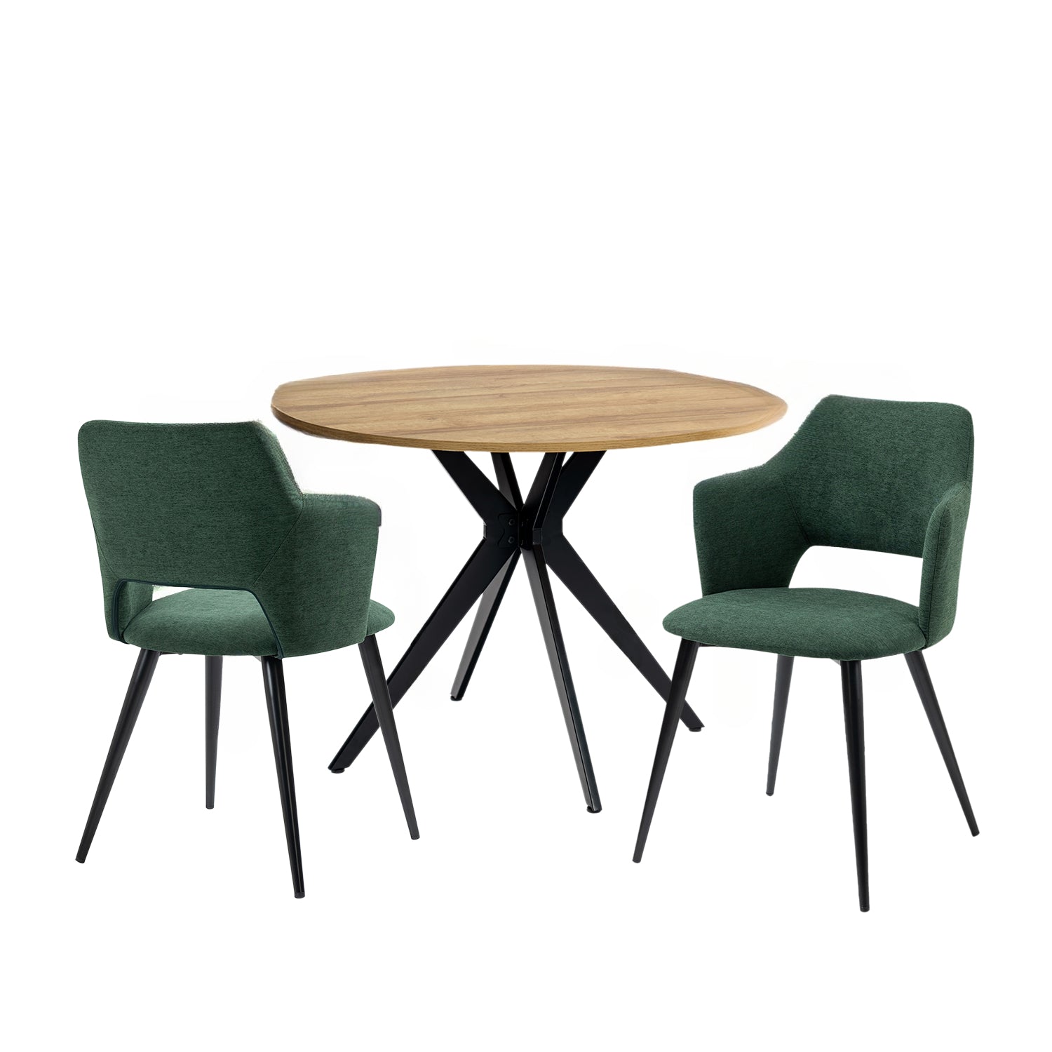 Ensemble table à manger ronde en chêne avec pieds en forme de X et 2 fauteuils en tissu vert de style scandinave pour salle à manger