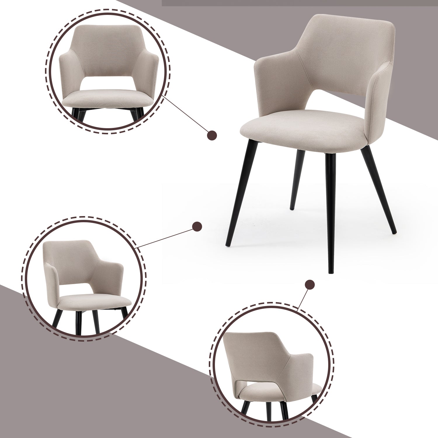 Set mit 6 skandinavischen Esszimmersesseln mit Armlehnen aus beigem Stoff – AKANJI