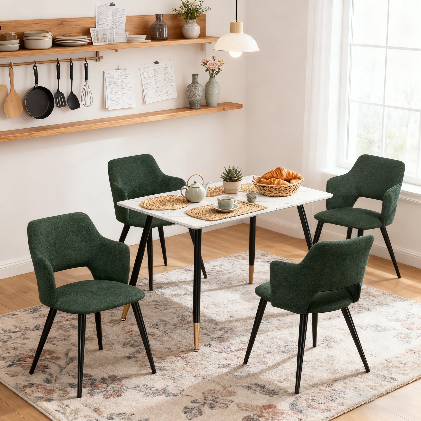 Lot de 4 fauteuils de salle à manger scandinaves avec accoudoirs en tissu vert - AKANJI