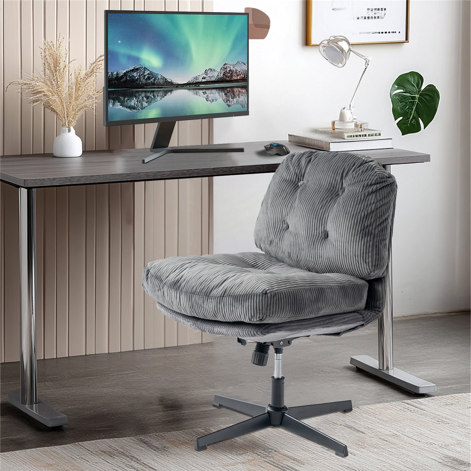 Fauteuil lounge pivotant et réglable en velours côtelé gris - ALINTONEX