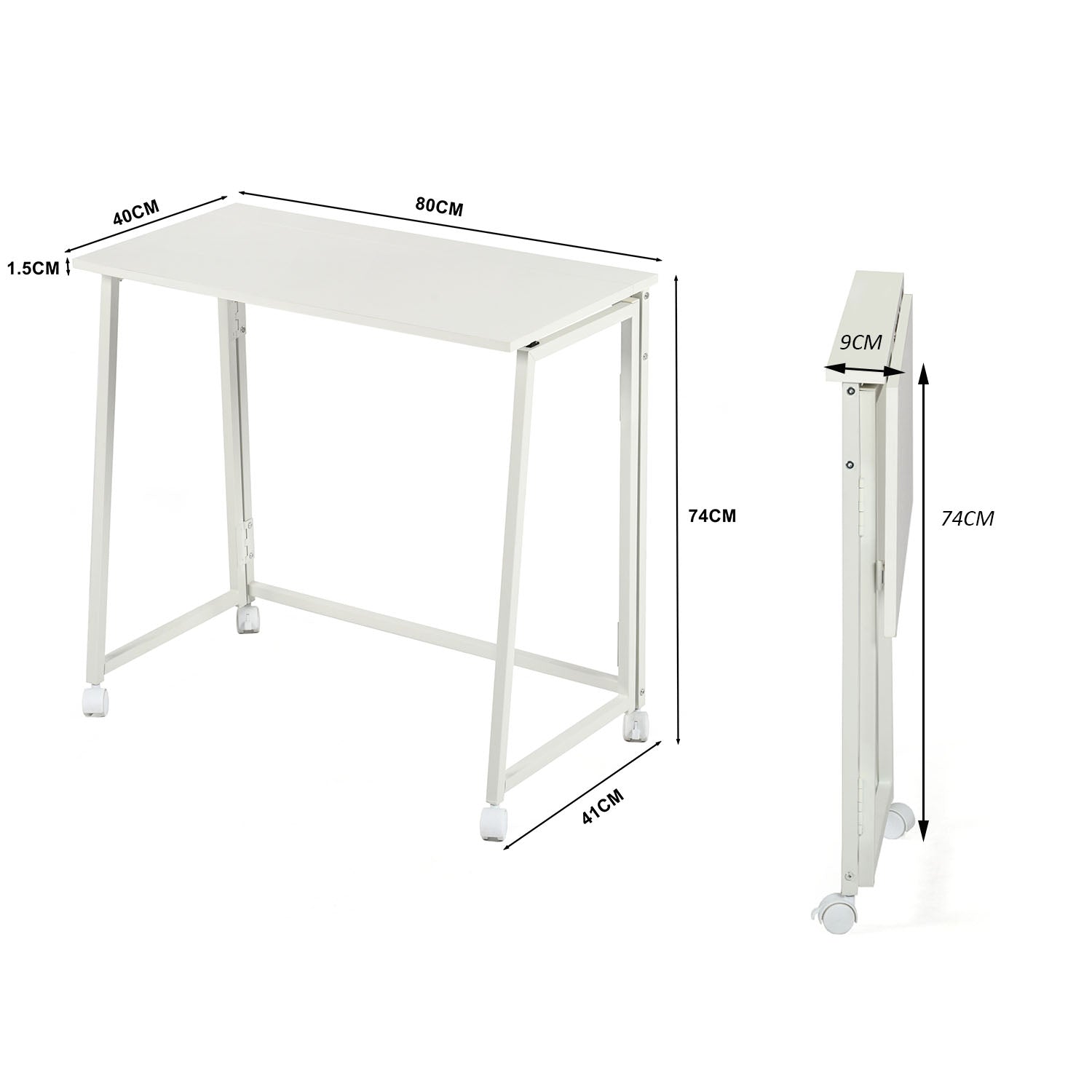 Bureau/table d'ordinateur pliant scandinave avec 4 roulettes en bois blanc et en métal blanc - ASCOLI