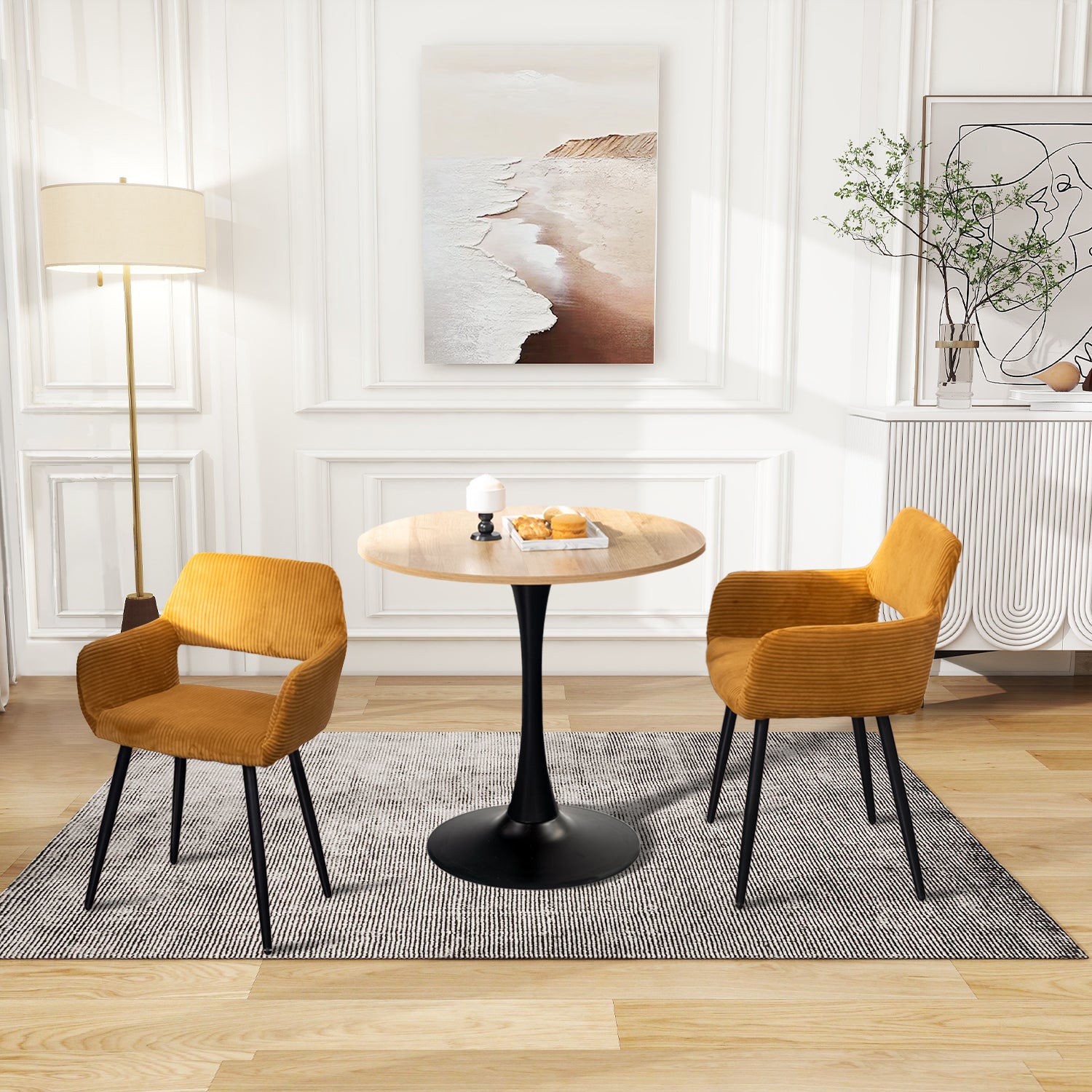 Ensemble de salle à manger de style scandinave comprenant une table ronde en chêne et 2 chaises en velours côtelé jaune