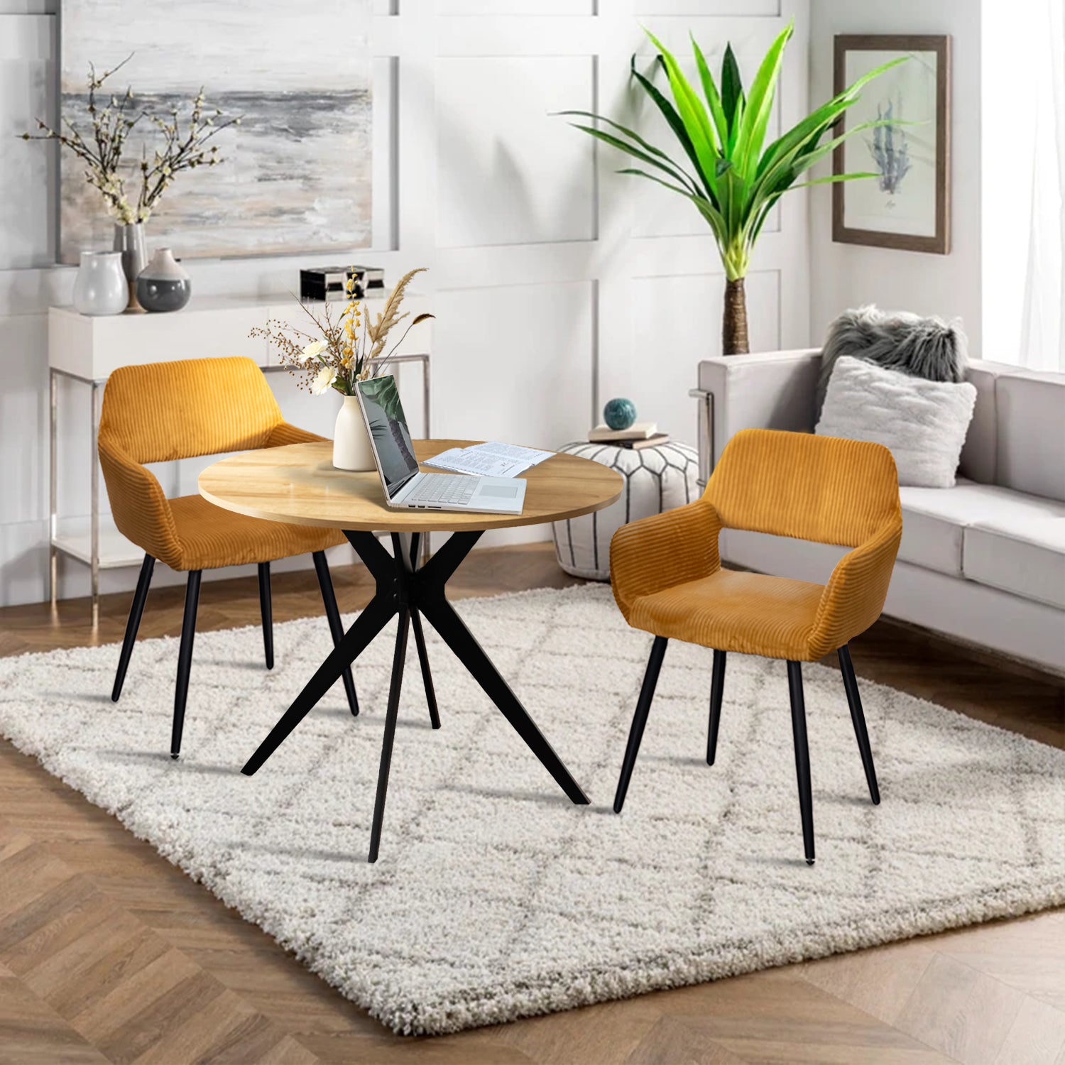 Table salle à manger ronde vintage 4 personnes en chêne et métal noir - CLIFT