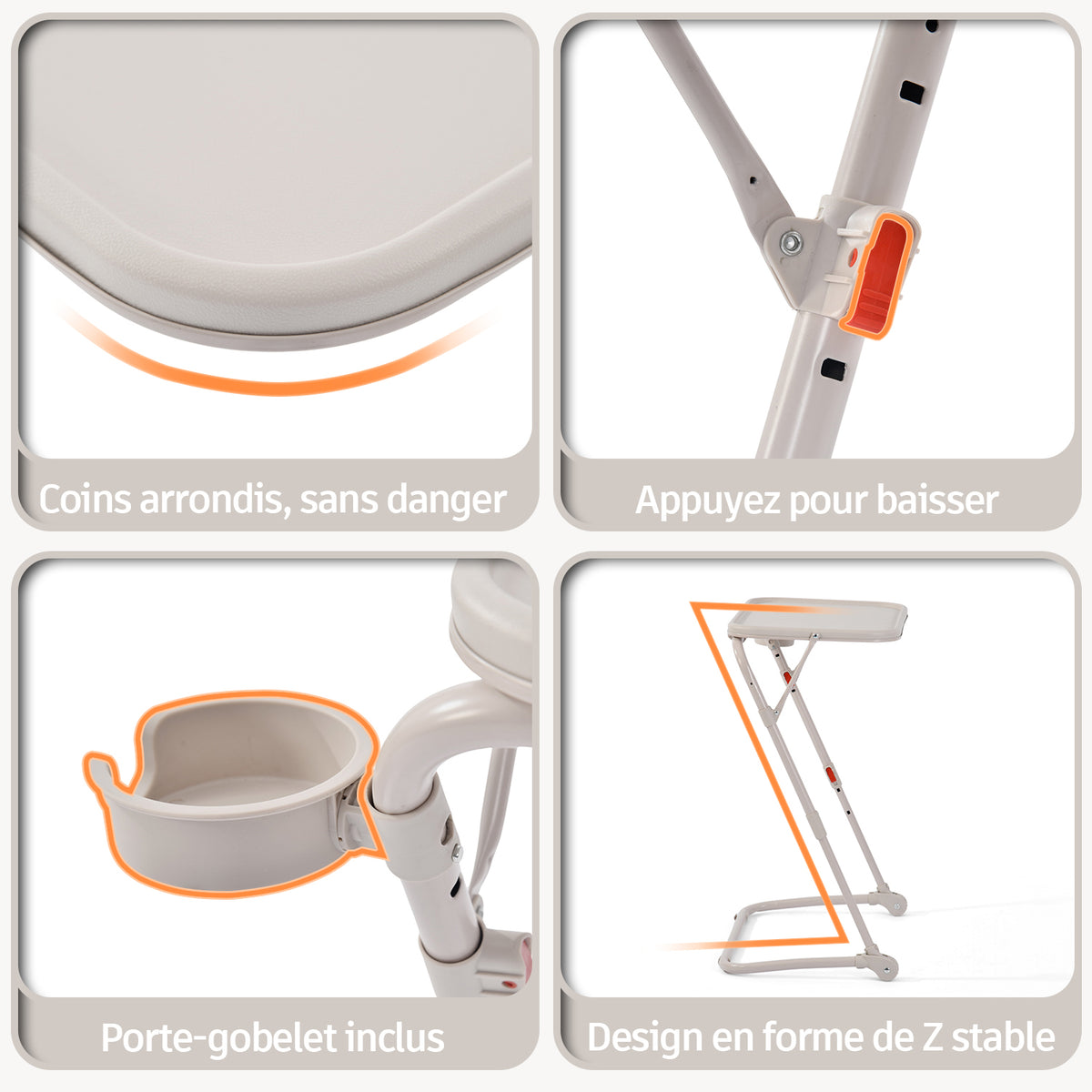 Table d’appoint pliable pour ordinateur portable, bout de canapé réglable en hauteur avec plateau inclinable et porte-gobelet beige- BASELINE