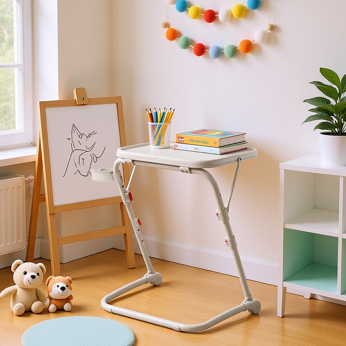 Table d’appoint pliable pour ordinateur portable, bout de canapé réglable en hauteur avec plateau inclinable et porte-gobelet beige- BASELINE