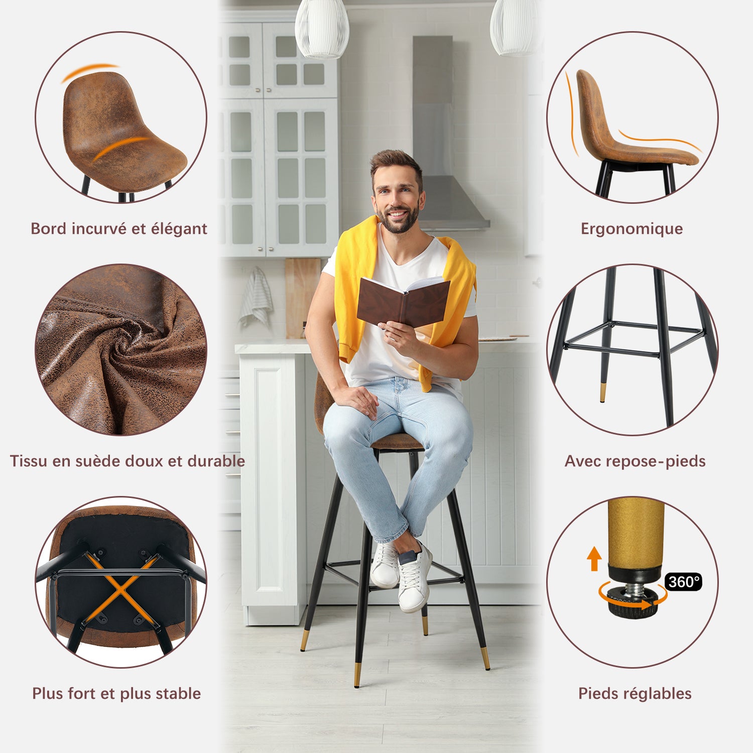 Set mit 2 industriellen Barhockern mit Wildlederrücken – CHARLTON BAR