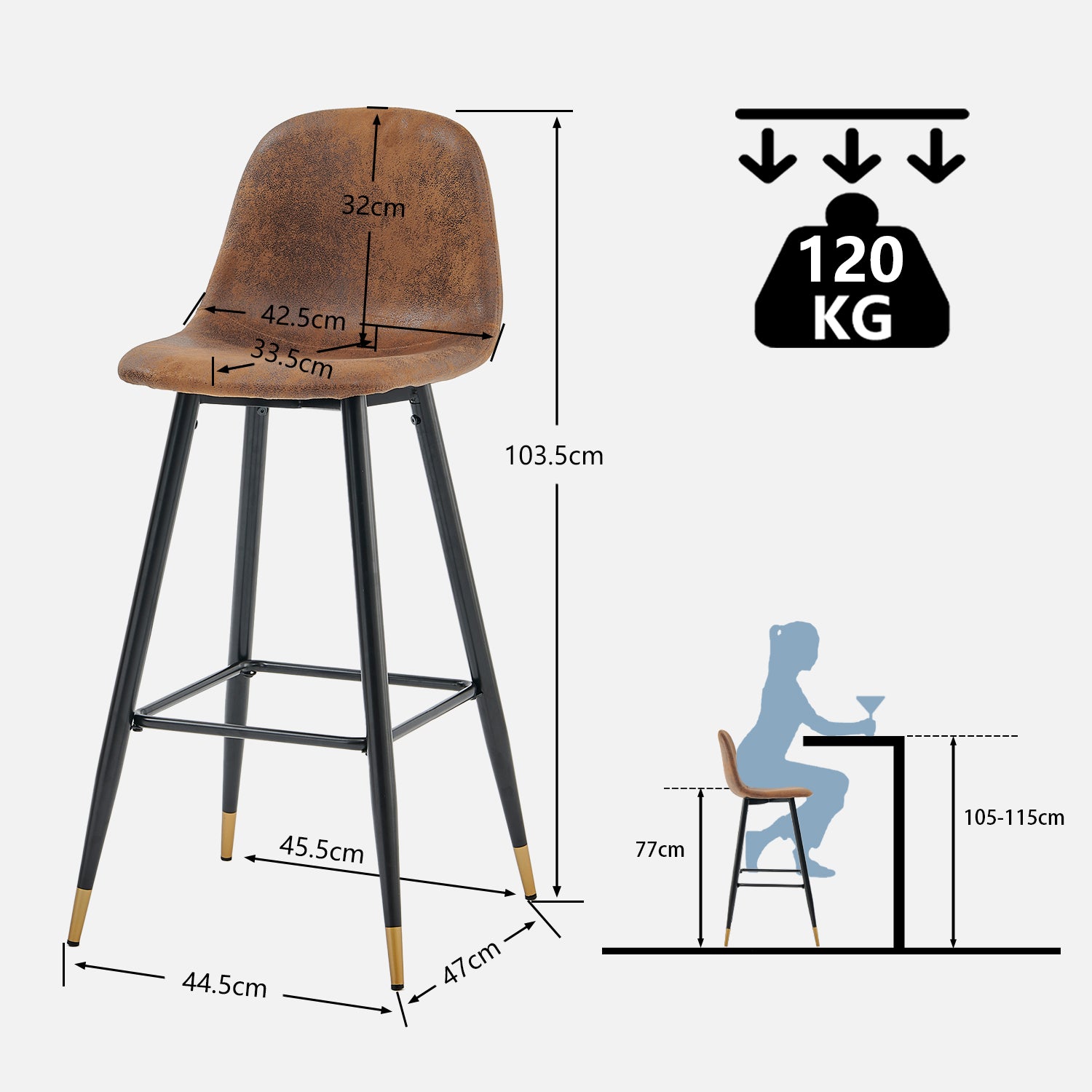 Lot de 6 tabourets de bar industriels avec dossier en suédine - CHARLTON BAR