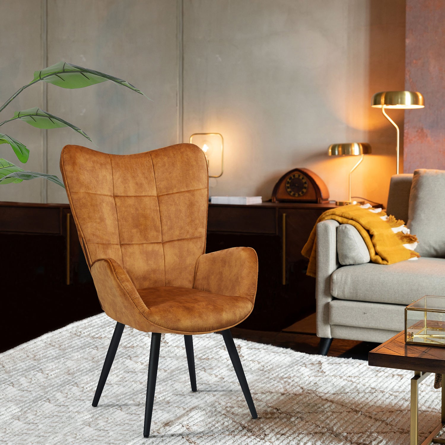 Fauteuil scandinave avec accoudoirs en velours moutarde à surpiqûres - BOGDAN