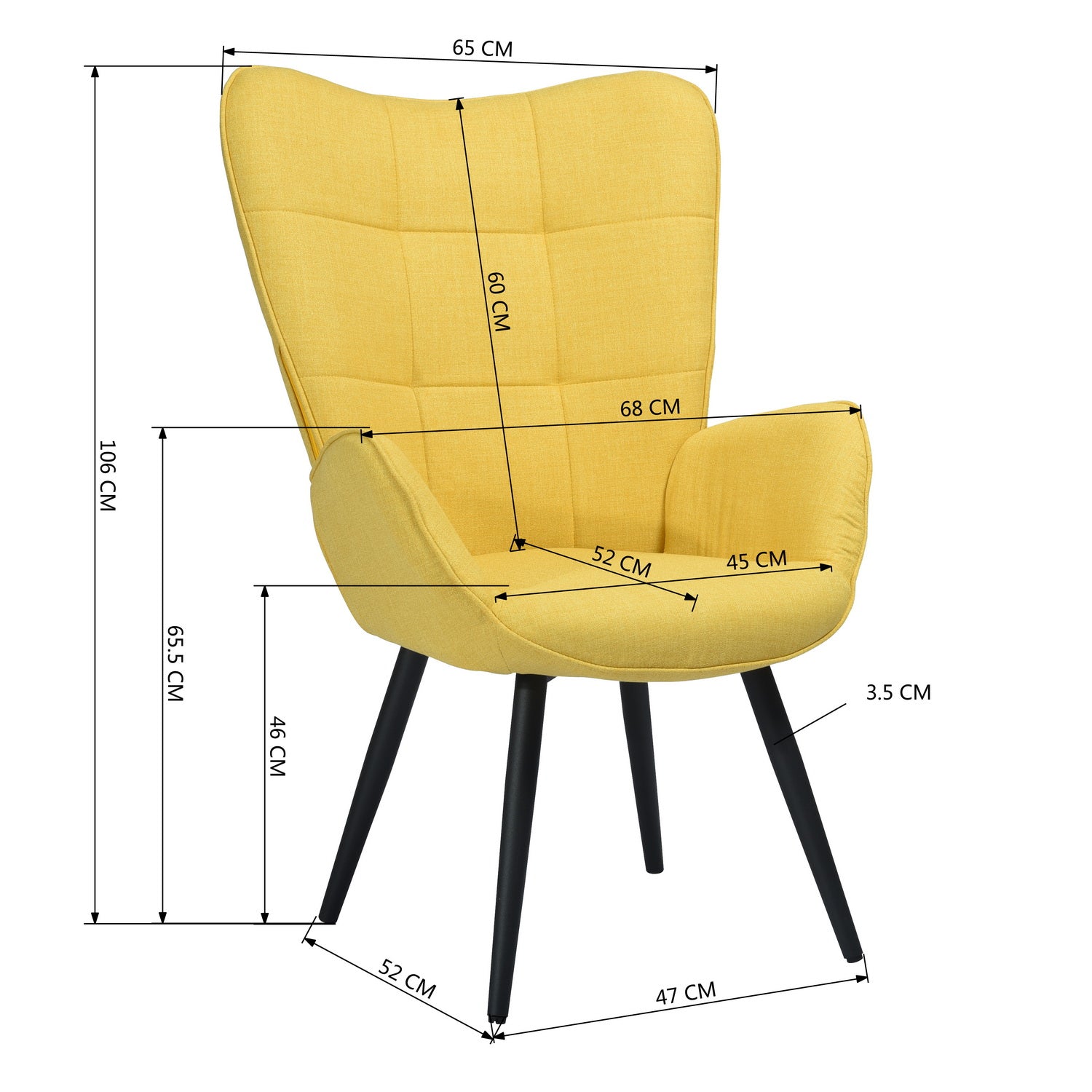 Fauteuil scandinave avec accoudoirs en tissu jaune à surpiqûres - BOGDAN