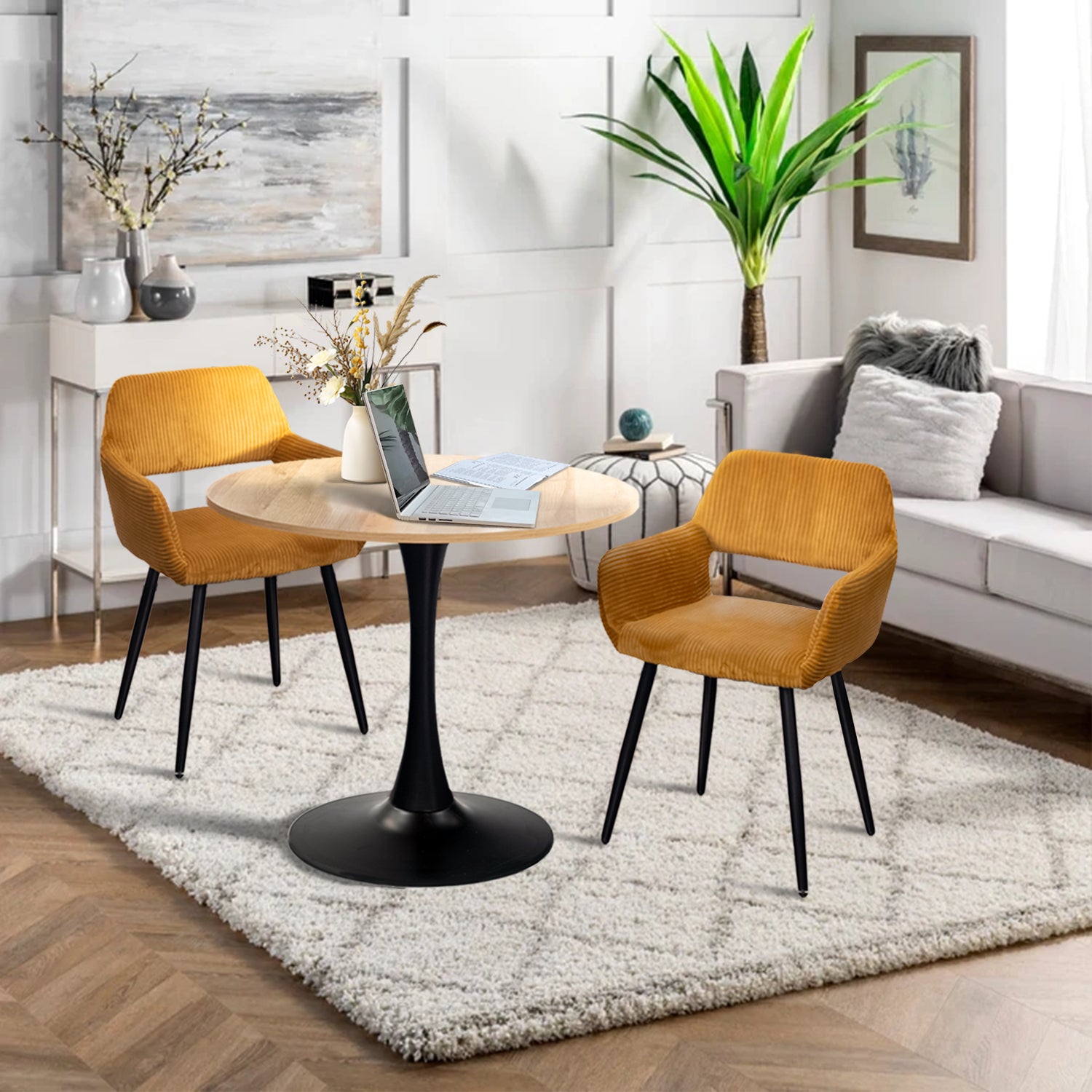 Lot de 6 fauteuils de salle à manger scandinaves avec accoudoirs en velours côtelé jaune safran - CROMWELL CORDUROY
