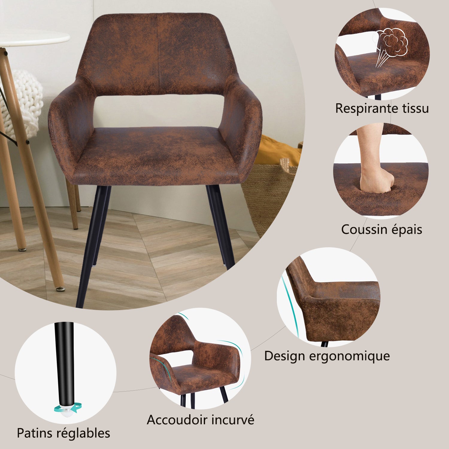 Lot de 2 fauteuils de salle à manger industriels avec accoudoirs en suédine - CROMWELL