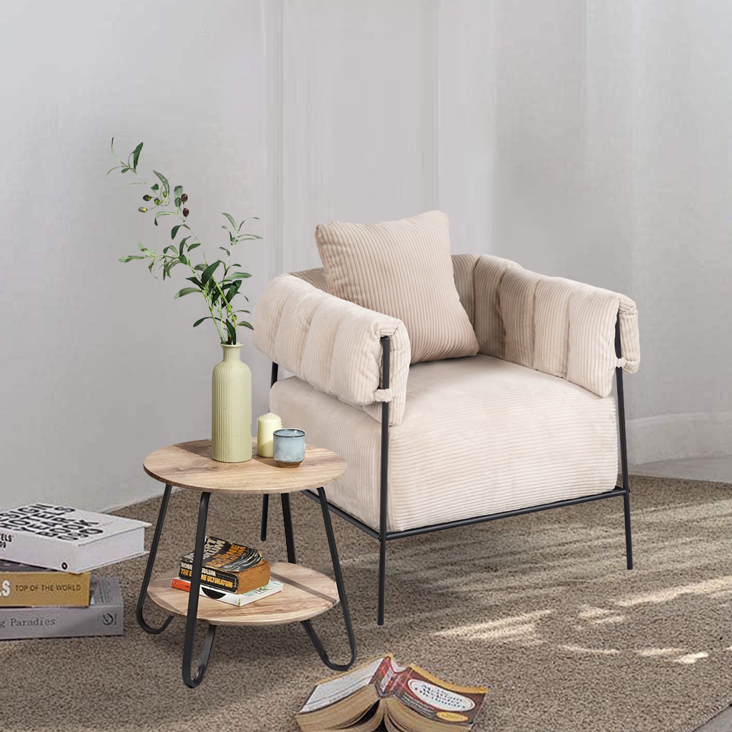 Fauteuil lounge avec accoudoirs en velours côtelé beige - DOMCO