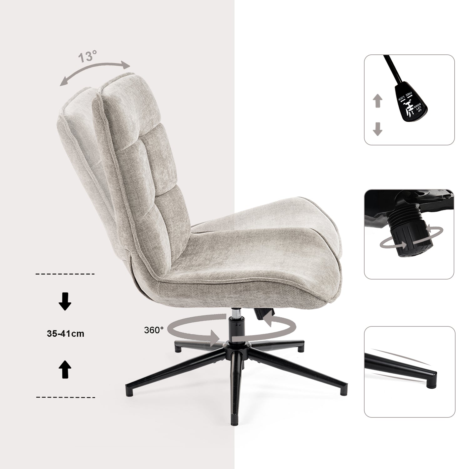 Fauteuil de loisirs réglable en tissu chenille gris pivotant à 360° - CHARLOTTE