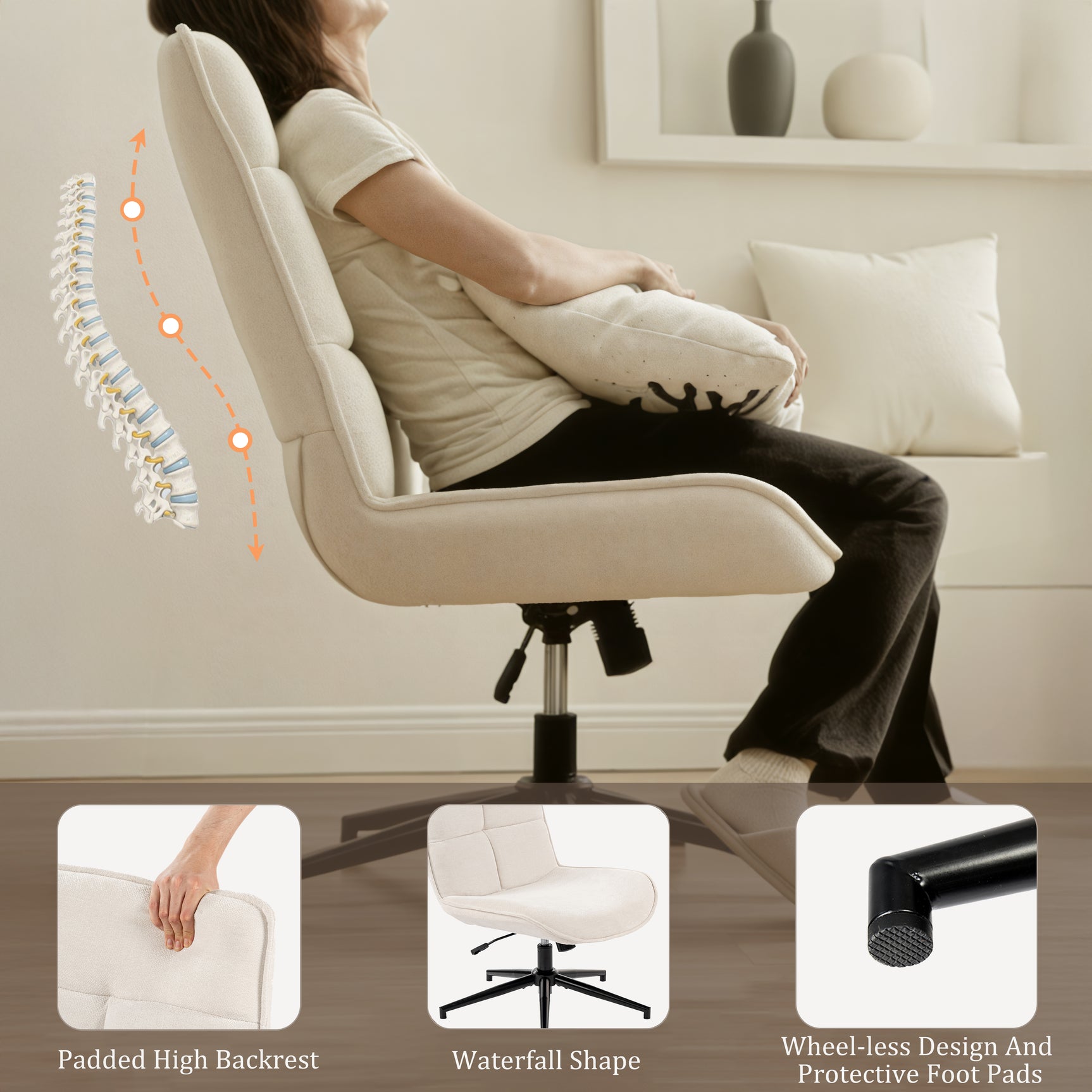 Fauteuil de loisirs réglable en tissu chenille beige pivotant à 360° - CHARLOTTE