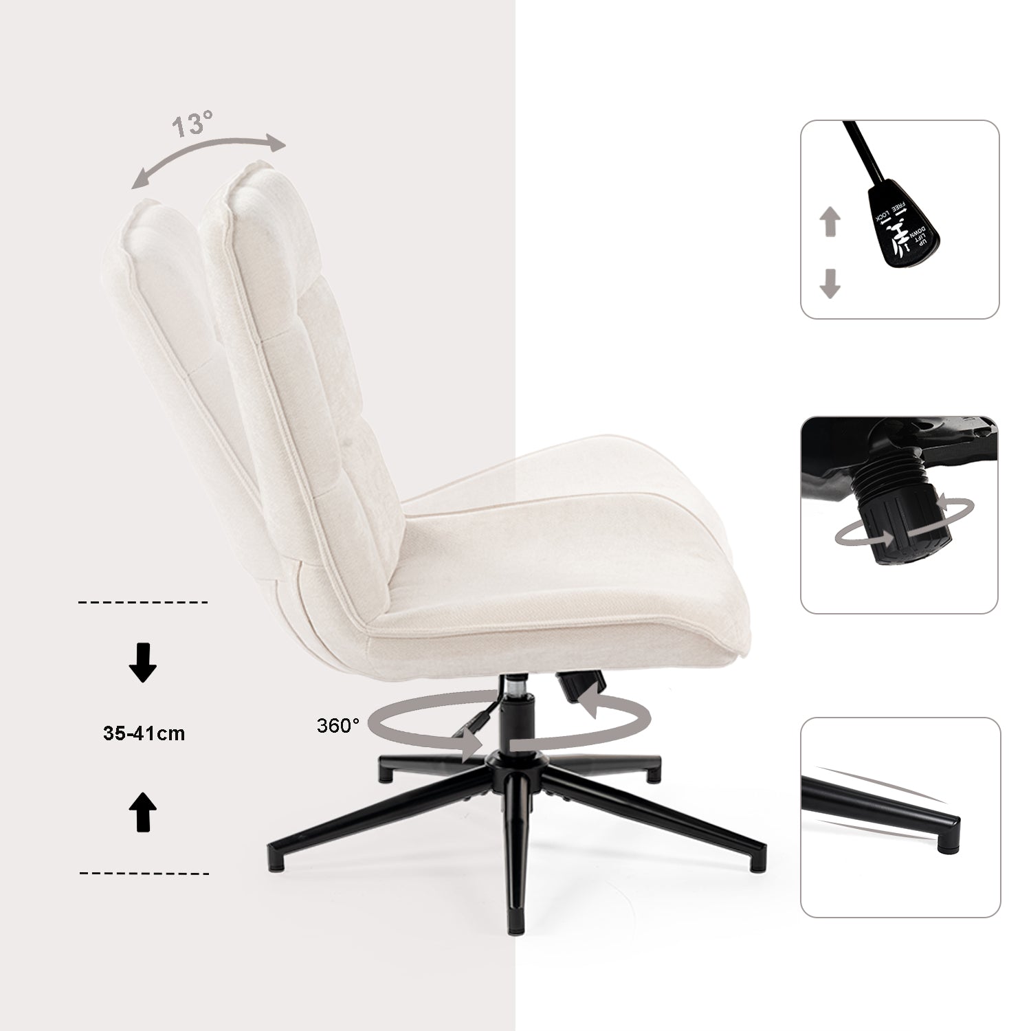 Fauteuil de loisirs réglable en tissu chenille beige pivotant à 360° - CHARLOTTE