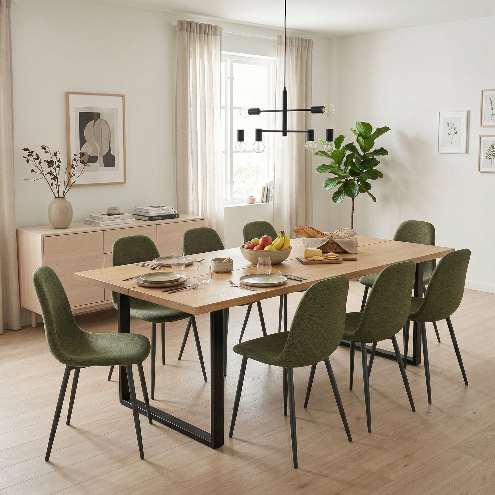 Lot de 8 chaises de salle à manger en tissu vert doux, chaises de détente avec dossier et pieds métalliques assortis scandinave - CHARLTON