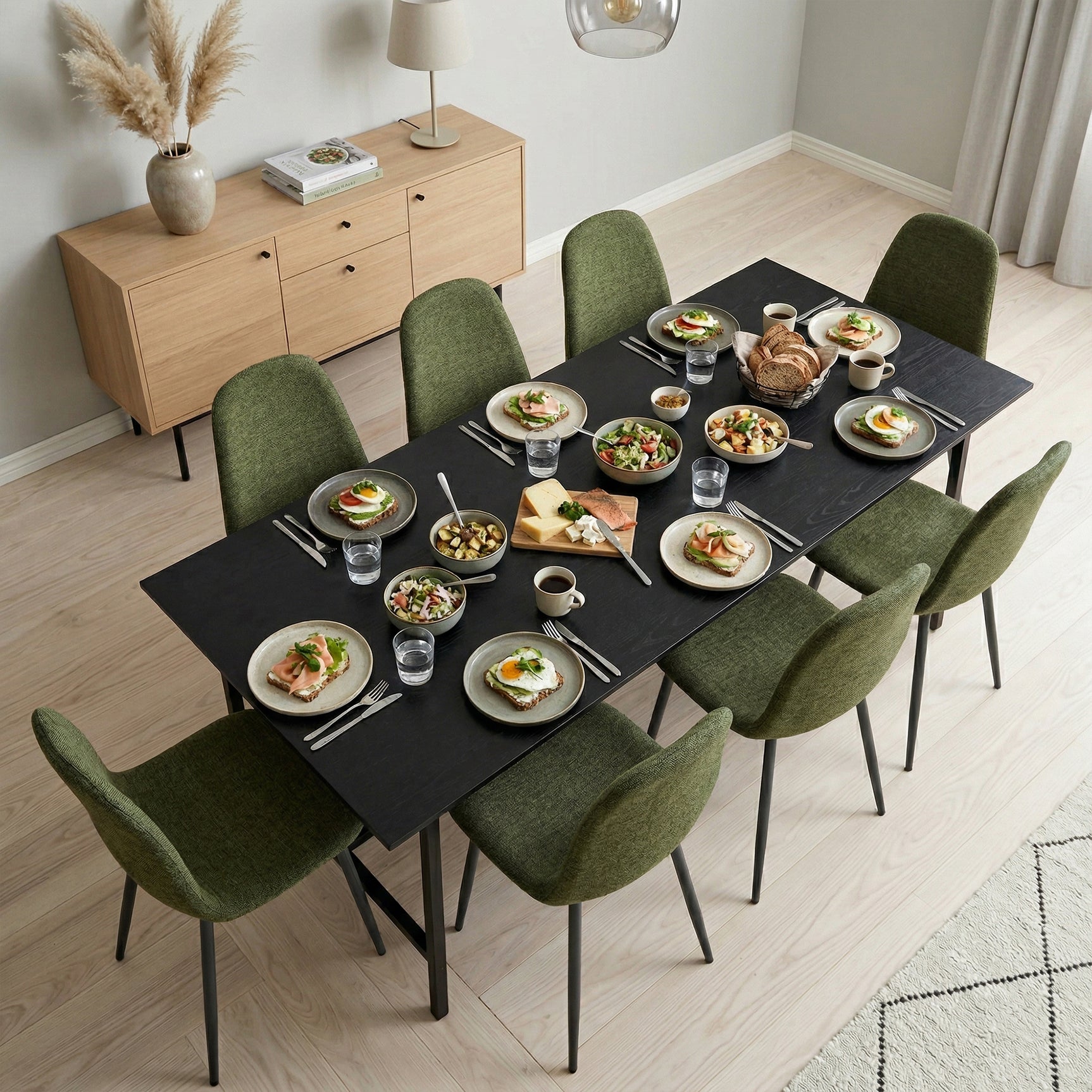 Lot de 8 chaises de salle à manger en tissu vert doux, chaises de détente avec dossier et pieds métalliques assortis scandinave - CHARLTON