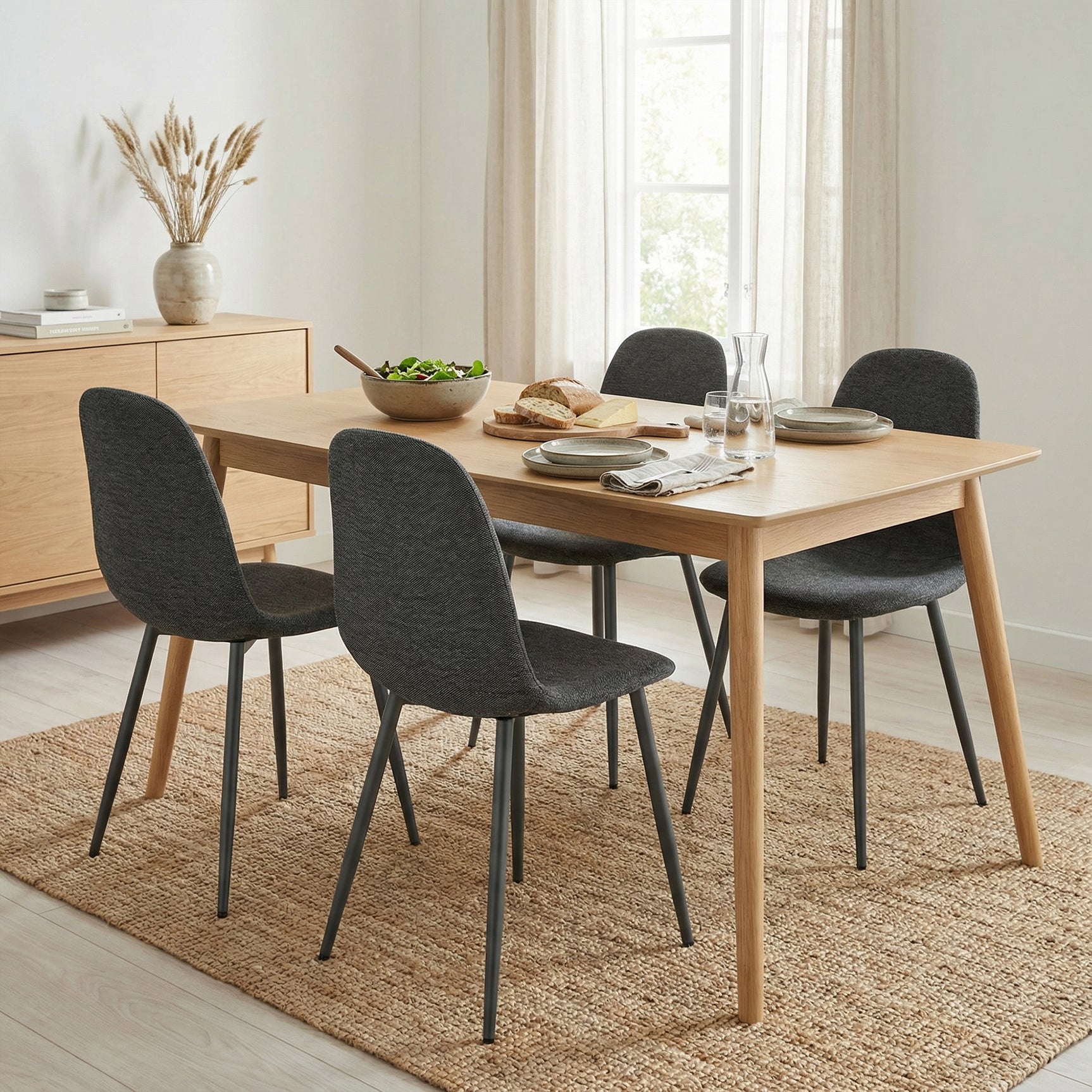 Lot de 4 chaises de salle à manger en tissu gris doux, chaises de détente avec dossier et pieds métalliques assortis scandinave - CHARLTON