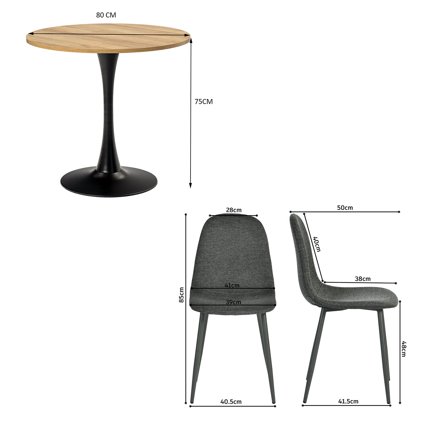 Runder Tisch in Walnussoptik Ø80 cm mit 4 schwarzen Samtstühlen, moderner und komfortabler Stil