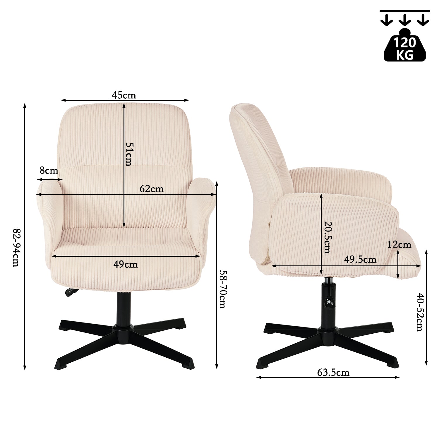 Fauteuil de bureau ergonomique pivotant et réglable avec accoudoirs en velours côtelé beige - THOMASINA