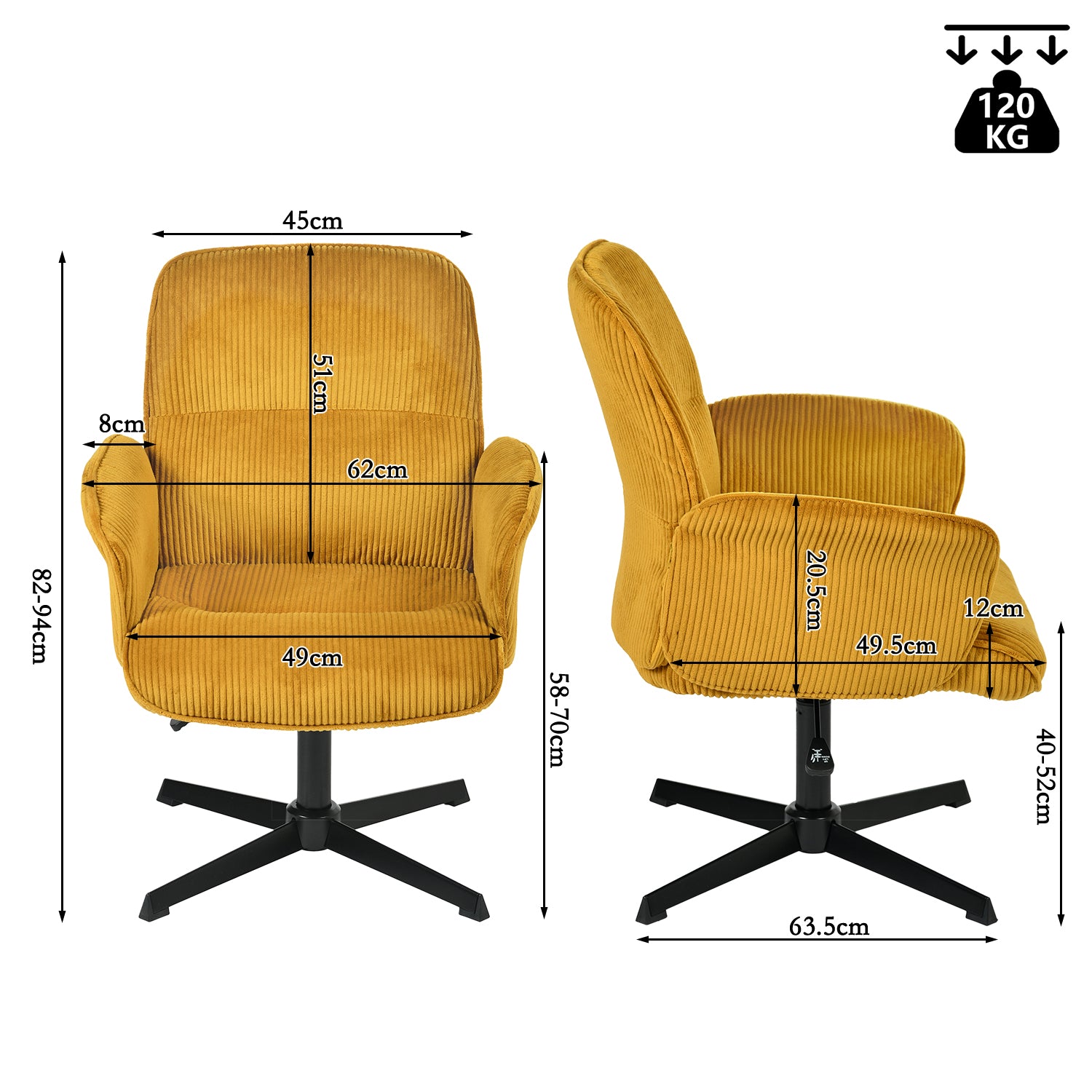 Fauteuil de bureau ergonomique pivotant et réglable avec accoudoirs en velours côtelé jaune - THOMASINA