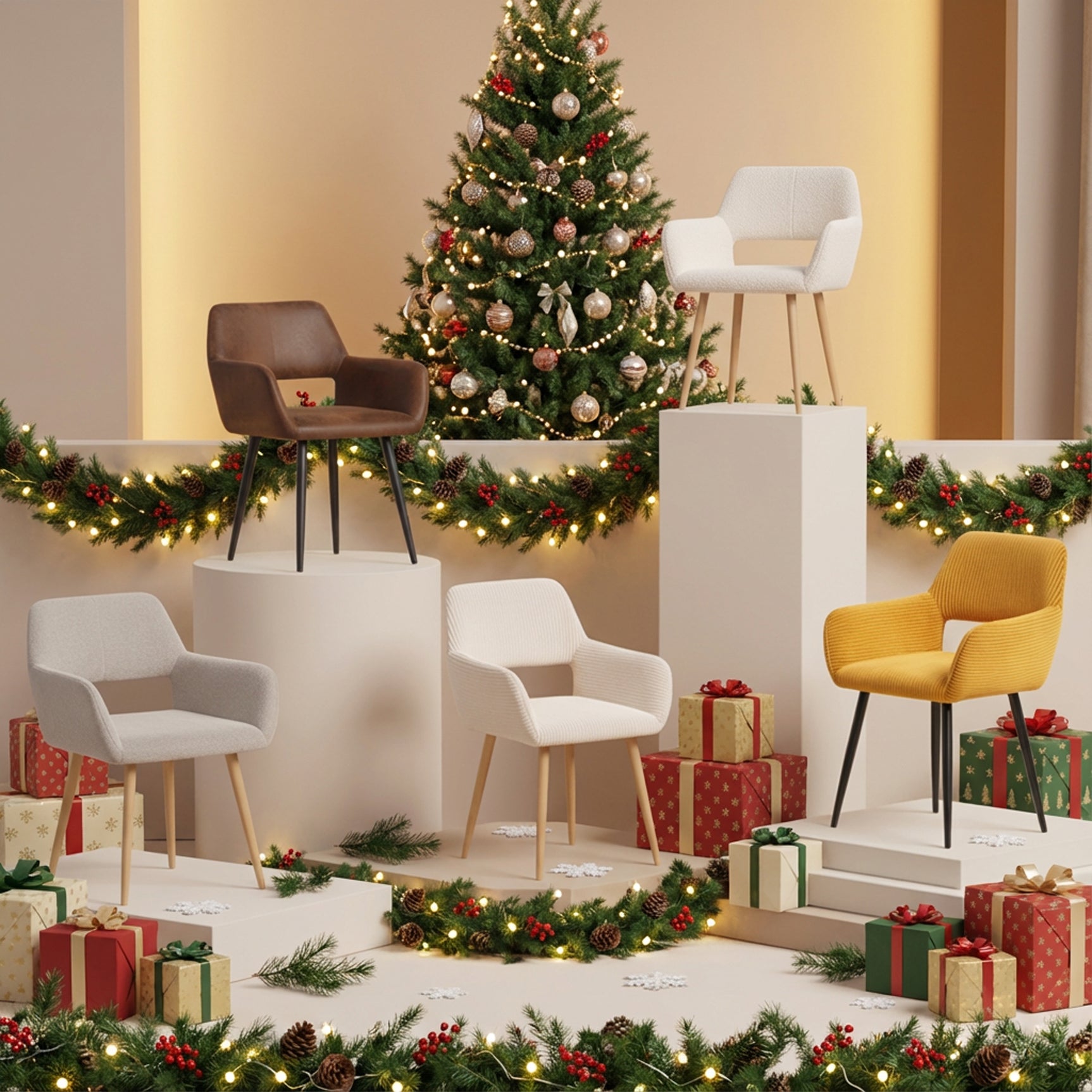 Set of 2 Scandinavian dining room armchairs with armrests in Beige Boulette Fabric - Cromwell