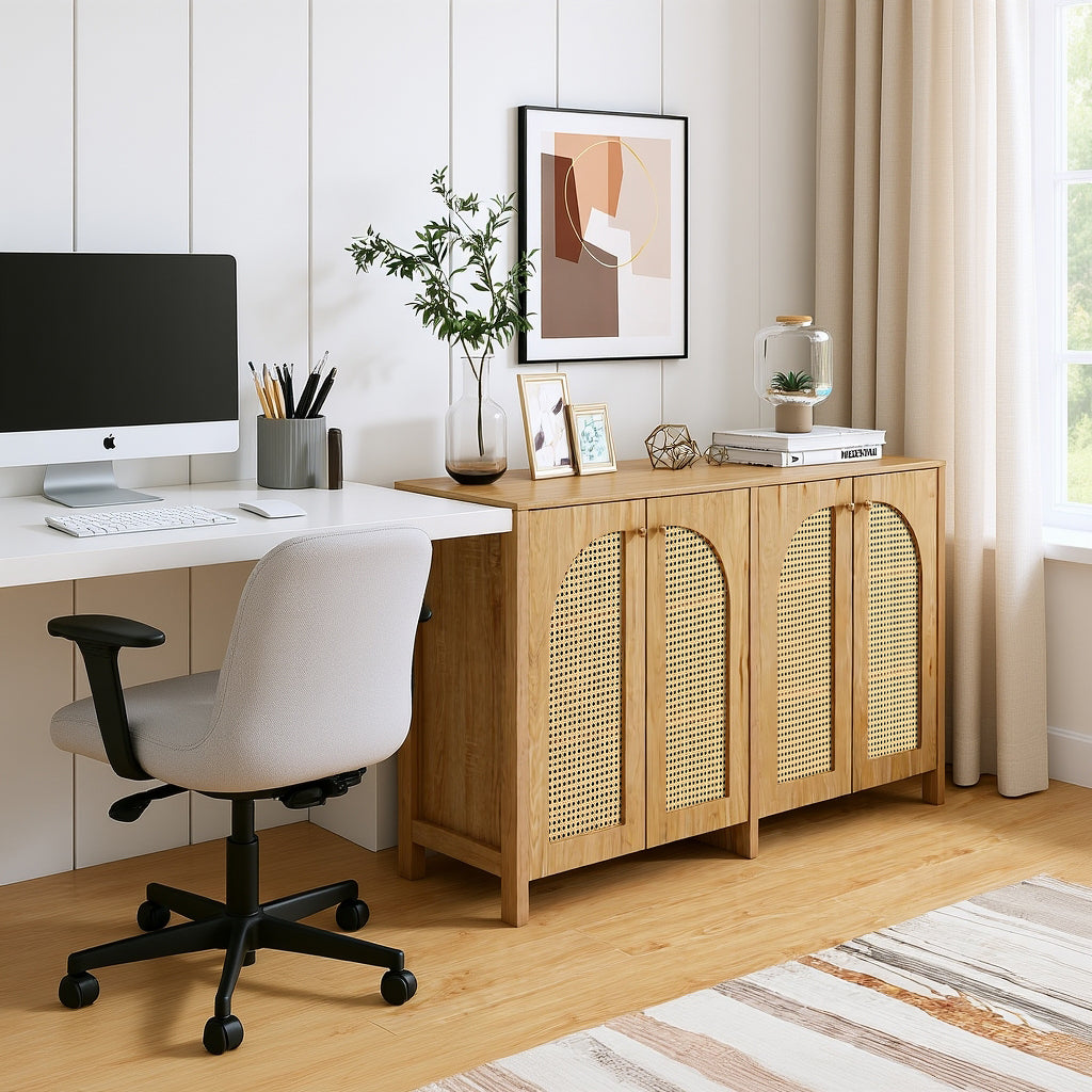 Modernes, minimalistisches Sideboard aus Naturholz mit 4 Rohrtüren und Metallgriffen