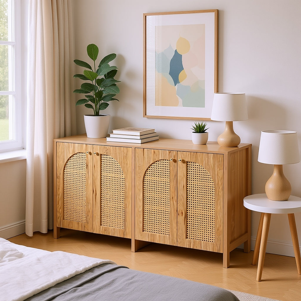 Modernes, minimalistisches Sideboard aus Naturholz mit 4 Rohrtüren und Metallgriffen